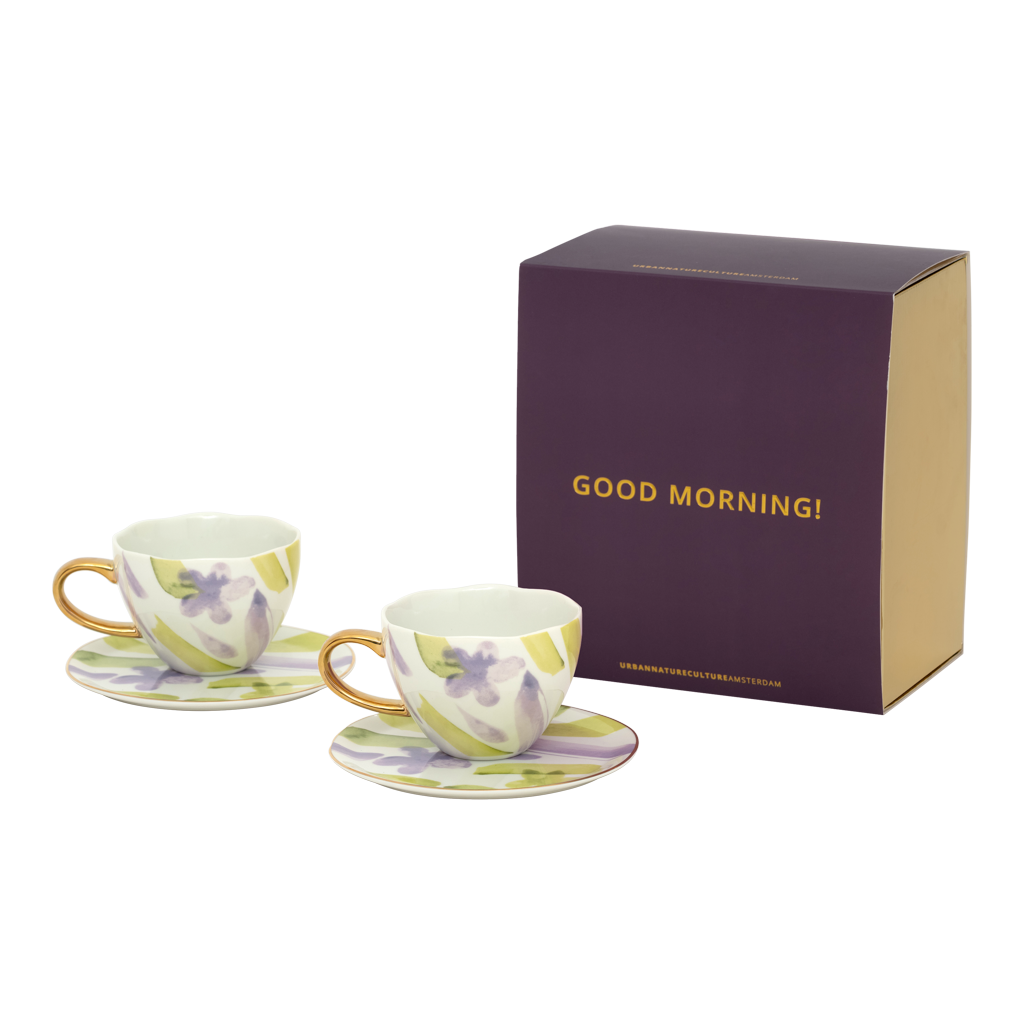 Tasse «Good Morning» cappuccino/thé et assiette Liatris/Kusha, lot de 4, en coffret cadeau
