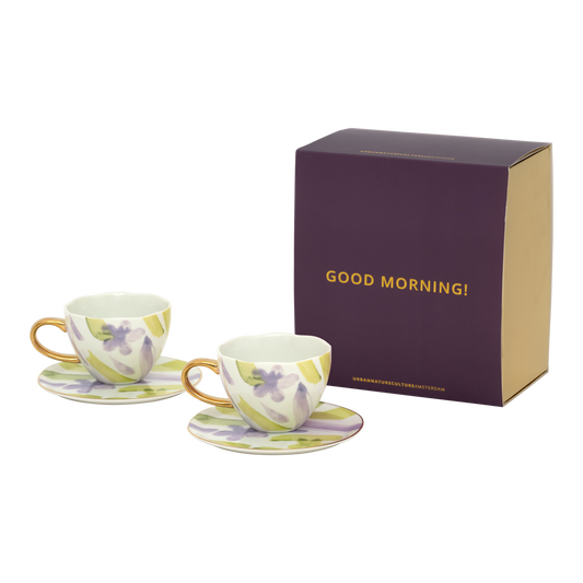 Tasse «Good Morning» cappuccino/thé et assiette Liatris/Kusha, lot de 4, en coffret cadeau