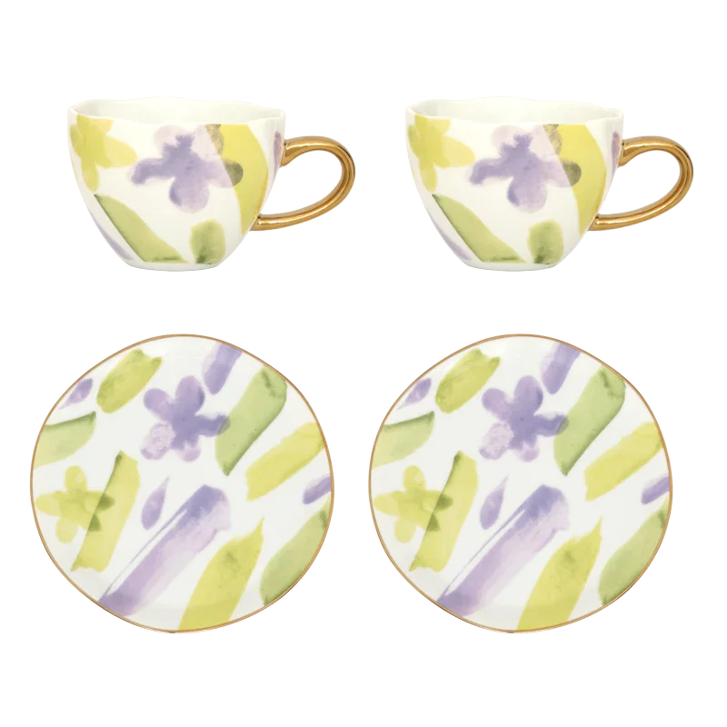 Tasse «Good Morning» cappuccino/thé et assiette Liatris/Kusha, lot de 4, en coffret cadeau
