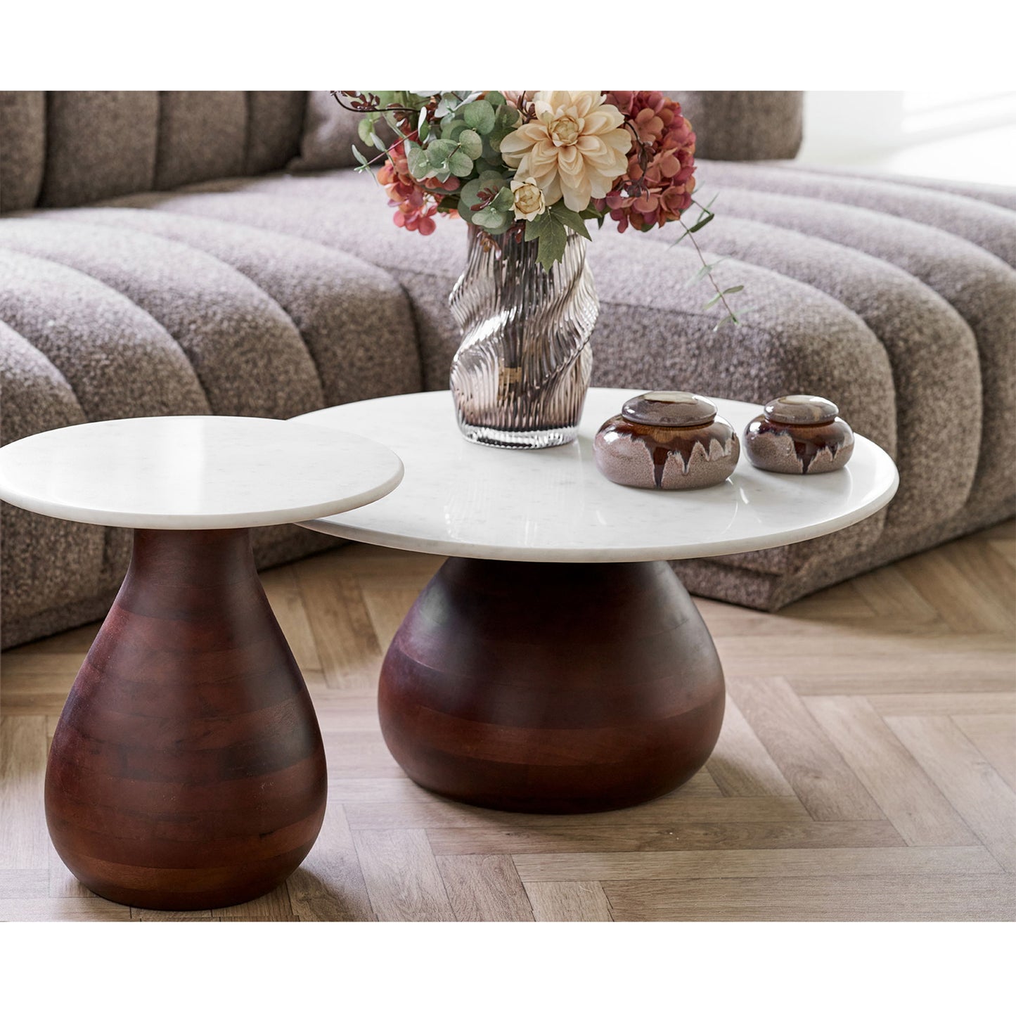 Table basse Heide - bois de manguier/marbre, brun foncé/blanc Ø70 x 35 cm